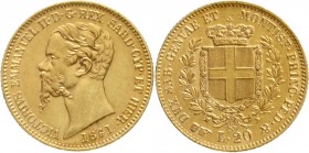 Ausländische Goldmünzen und -medaillen, Italien-Sardinien, Victor Emanuel II., 1849-1878
20 Lire 1861 F, Adlerkopf. Turin. 6,45 g. 900/1000. 
vorzüg...