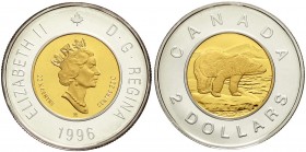 Ausländische Goldmünzen und -medaillen, Kanada, Britisch, seit 1763
2 Dollar Bi-Metall Gold/Silber 1996 Polar-Bär. Inschrift 22 k. Centre. 5,75 g. Fe...