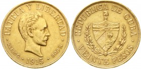 Ausländische Goldmünzen und -medaillen, Kuba, 1. Republik, 1898-1962
20 Pesos 1915. Kopf n.r./Wappen. 33,44 g. 900/1000. 
gutes sehr schön, Randfehl...
