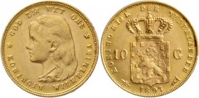 Ausländische Goldmünzen und -medaillen, Niederlande, Wilhelmina, 1890-1948
10 Gulden 1897. Mit langem Haar. 6,72 g. 900/1000. 
vorzüglich/Stempelgla...