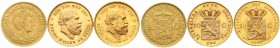 Ausländische Goldmünzen und -medaillen, Niederlande, Lots
3 Stück: 10 Gulden 1875, 1879, 1911. Zusammen 20,19 g. 900/1000. 
vorzüglich, teils kl. Ra...