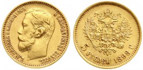 Ausländische Goldmünzen und -medaillen, Russland, Nikolaus II., 1894-1917
5 Rubel 1898, St. Petersburg. 4,3 g. 900/1000. 
vorzüglich/Stempelglanz