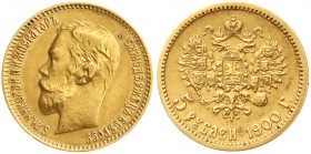 Ausländische Goldmünzen und -medaillen, Russland, Nikolaus II., 1894-1917
5 Rubel 1900, St. Petersburg. 4,3 g. 900/1000 
sehr schön/vorzüglich