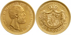 Ausländische Goldmünzen und -medaillen, Schweden, Oscar II., 1872-1907
20 Kronor 1889 EB. 8,96 g. 900/1000 
fast Stempelglanz