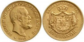 Ausländische Goldmünzen und -medaillen, Schweden, Oscar II., 1872-1907
10 Kronen 1901 EB. 4,48 g. 900/1000. 
vorzüglich/Stempelglanz