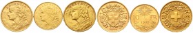 Ausländische Goldmünzen und -medaillen, Schweiz, Eidgenossenschaft, seit 1850
3 Stück: 10 Franken 1912 B, 20 Franken 1904 B und 1919 B, alle Vreneli....
