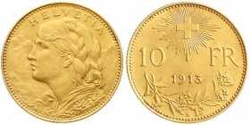 Ausländische Goldmünzen und -medaillen, Schweiz, Eidgenossenschaft, seit 1850
10 Franken Vreneli 1913 B. 3,23 g. 900/1000. 
vorzüglich/Stempelglanz...