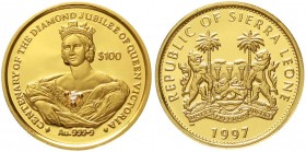 Ausländische Goldmünzen und -medaillen, Sierra Leone, Unabhängig, seit 1961
100 Dollars mit 0,06 Karat Brillant Stein 1997 Königin Victoria. 6,22 g. ...