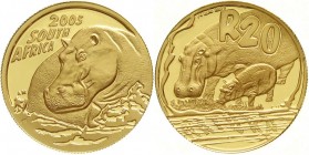 Ausländische Goldmünzen und -medaillen, Südafrika, Republik, seit 1961
20 Rand (1/4 Unze fein) Natura Giants of Africa 2005 Nilpferd. Im Etui mit Zer...