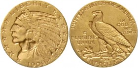 Ausländische Goldmünzen und -medaillen, Vereinigte Staaten von Amerika, Unabhängigkeit, seit 1776
5 Dollars 1909 D, Denver. Indianer. 8,36 g. 900/100...