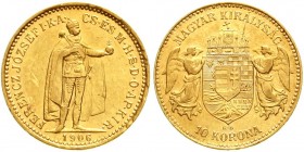 Gold der Habsburger Erblande und Österreichs, Haus Habsburg, Franz Joseph I., 1848-1916
10 Korona 1906 KB. Stehender Herrscher. Für Ungarn. 3,39 g. 9...