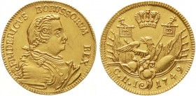 Altdeutsche Goldmünzen und -medaillen, Brandenburg-Preußen, Friedrich II., 1740-1786
1/2 Friedrichs d'or 1749 CHI, Berlin. 3,33 g. 
vorzüglich/Stemp...