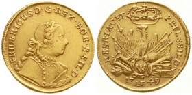 Altdeutsche Goldmünzen und -medaillen, Brandenburg-Preußen, Friedrich II., 1740-1786
Friedrichs d'or 1749 W/AHE, Breslau. Jahreszahl aus 1746 geänder...