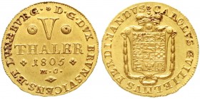 Altdeutsche Goldmünzen und -medaillen, Braunschweig-Wolfenbüttel, Karl Wilhelm Ferdinand, 1780-1806
5 Taler 1805 MC, Braunschweig. 6,65 g. 
vorzügli...
