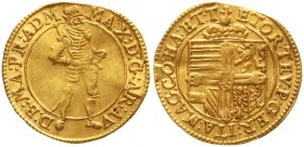 Altdeutsche Goldmünzen und -medaillen, Deutscher Orden, Maximilian I., 1590-1618
Dukat o.J.(1592-1599) Nürnberg. Stehender Ordensmeister in Rüstung/G...