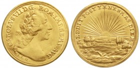 Altdeutsche Goldmünzen und -medaillen, Frankfurt, Stadt
Dukat o.J. (1742) Brb. Karl VII./strahlende Sonne über Landschaft. 3,47 g. 
gutes vorzüglich...