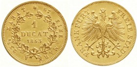 Altdeutsche Goldmünzen und -medaillen, Frankfurt, Stadt
Dukat 1853. 3,48 g. Auflage nur 1021 Ex. 
gutes vorzüglich, leichte Fassungsspuren, selten