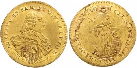 Altdeutsche Goldmünzen und -medaillen, Würzburg, Adam Friedrich von Seinsheim, 1755-1779
Neujahrsgoldgulden 1764. sehr schön/vorzüglich, gestopftes L...