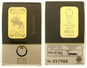Gold-, Platin-, Palladiumbarren, Goldbarren
Österreich: "Kinebar". Goldbarren mit Hologramm eines Reiters. 10 g. Feingold. In Originalverpackung der ...