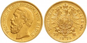 Reichsgoldmünzen, Baden, Friedrich I., 1856-1907
10 Mark 1873 G. vorzüglich, min. Randfehler