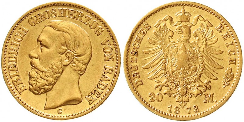 Reichsgoldmünzen, Baden, Friedrich I., 1856-1907
20 Mark 1873 G. vorzüglich, kl...