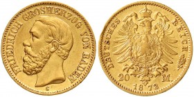 Reichsgoldmünzen, Baden, Friedrich I., 1856-1907
20 Mark 1873 G. vorzüglich, kl. Randfehler