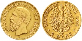 Reichsgoldmünzen, Baden, Friedrich I., 1856-1907
5 Mark 1877 G. sehr schön/vorzüglich