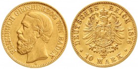 Reichsgoldmünzen, Baden, Friedrich I., 1856-1907
10 Mark 1876 G. sehr schön/vorzüglich
