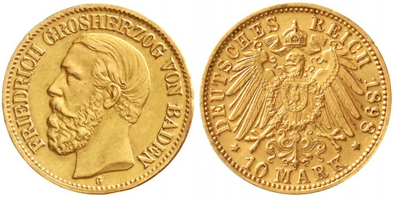 Reichsgoldmünzen, Baden, Friedrich I., 1856-1907
10 Mark 1898 G. vorzüglich, wi...