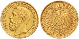 Reichsgoldmünzen, Baden, Friedrich I., 1856-1907
10 Mark 1898 G. vorzüglich, winz. Randfehler