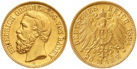 Reichsgoldmünzen, Baden, Friedrich I., 1856-1907
20 Mark 1894 G. vorzüglich/Stempelglanz