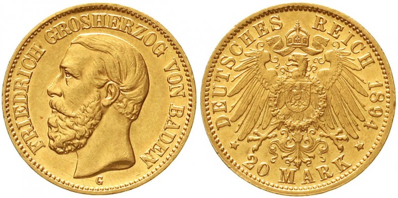 Reichsgoldmünzen, Baden, Friedrich I., 1856-1907
20 Mark 1894 G. vorzüglich/Ste...