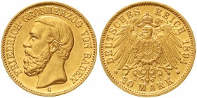 Reichsgoldmünzen, Baden, Friedrich I., 1856-1907
20 Mark 1894 G. vorzüglich/Stempelglanz, winz. Randfehler