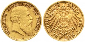 Reichsgoldmünzen, Baden, Friedrich I., 1856-1907
10 Mark 1904 G. gutes sehr schön, winz. Randfehler