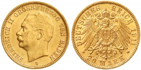 Reichsgoldmünzen, Baden, Friedrich II., 1907-1918
20 Mark 1911 G. vorzüglich/Stempelglanz