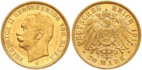 Reichsgoldmünzen, Baden, Friedrich II., 1907-1918
20 Mark 1912 G. prägefrisch, winz. Kratzer