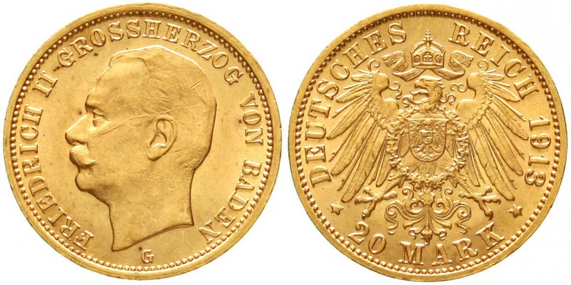 Reichsgoldmünzen, Baden, Friedrich II., 1907-1918
20 Mark 1913 G. prägefrisch/f...