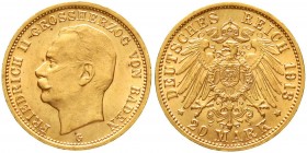 Reichsgoldmünzen, Baden, Friedrich II., 1907-1918
20 Mark 1913 G. prägefrisch/fast Stempelglanz