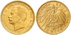 Reichsgoldmünzen, Baden, Friedrich II., 1907-1918
20 Mark 1914 G. prägefrisch/fast Stempelglanz