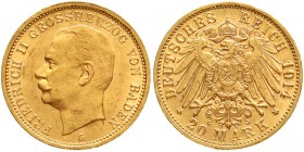 Reichsgoldmünzen, Baden, Friedrich II., 1907-1918
20 Mark 1914 G. prägefrisch/fast Stempelglanz, winz. Randfehler