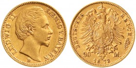 Reichsgoldmünzen, Bayern, Ludwig II., 1864-1886
20 Mark 1873 D. fast vorzüglich