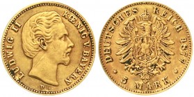 Reichsgoldmünzen, Bayern, Ludwig II., 1864-1886
5 Mark 1877 D. sehr schön, min. Henkelspur