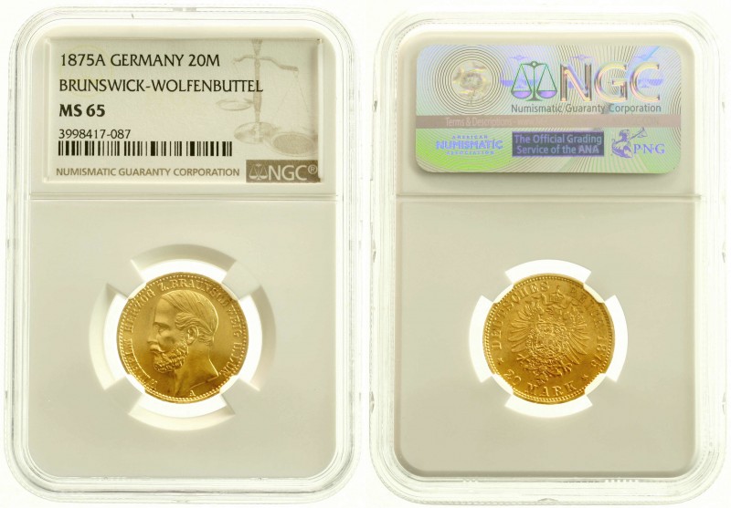 Reichsgoldmünzen, Braunschweig, Wilhelm, 1830-1884
20 Mark 1875 A. Im NGC-Blist...