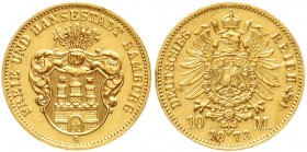 Reichsgoldmünzen, Hamburg
10 Mark 1873 B. Ohne Schildhalter, unten rund. 
vorzüglich/Stempelglanz, kl. Randfehler und Kratzer, selten