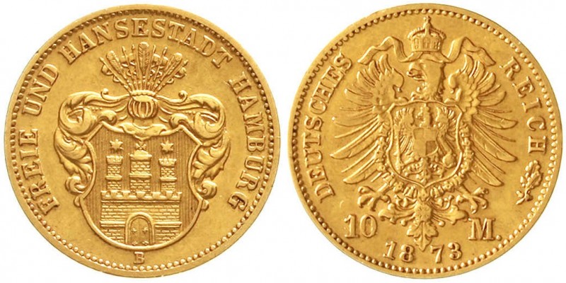 Reichsgoldmünzen, Hamburg
10 Mark 1873 B. Ohne Schildhalter, unten rund. 
gute...