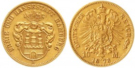 Reichsgoldmünzen, Hamburg
10 Mark 1873 B. Ohne Schildhalter, unten rund. 
gutes sehr schön, winz. Randfehler, selten