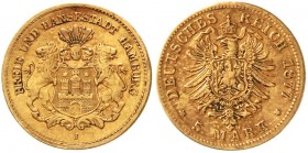 Reichsgoldmünzen, Hamburg
5 Mark 1877 J. sehr schön, leichte Fassungsspuren