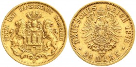 Reichsgoldmünzen, Hamburg
20 Mark 1878 J. sehr schön