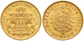 Reichsgoldmünzen, Hamburg
20 Mark 1880 J. vorzüglich, winz. Randfehler