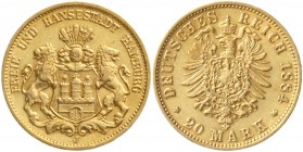 Reichsgoldmünzen, Hamburg
20 Mark 1884 J. fast vorzüglich